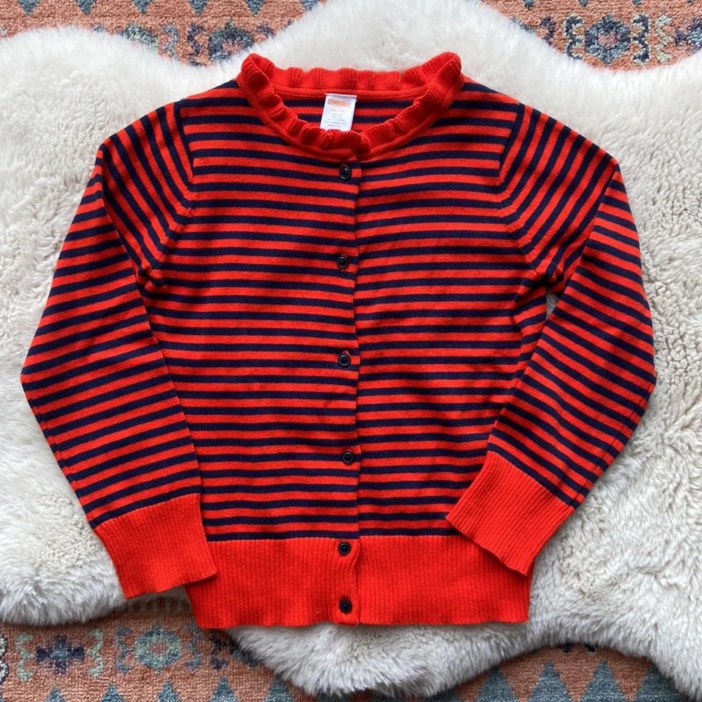 Gymboree girls striped sweater orange red and navy blue ruffle neck size M 7/8